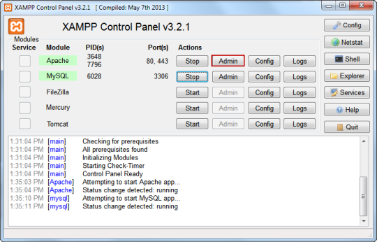 XAMPP Control Panel with Apache and MySQL Running