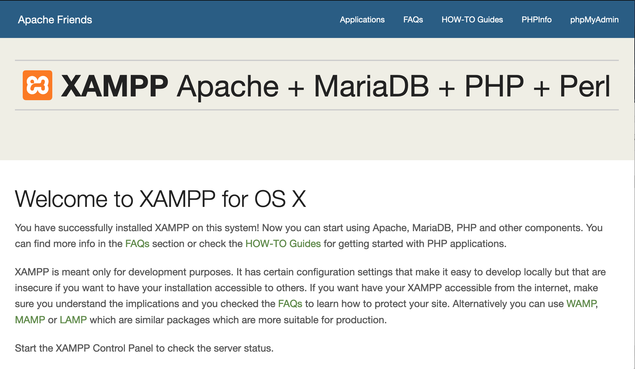 screenshot of XAMPP dashboard for OS X