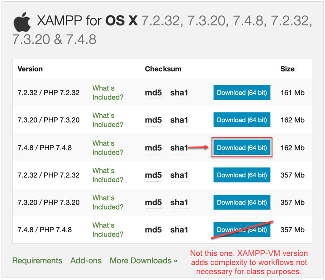 screenshot of XAMPP for OS X download files