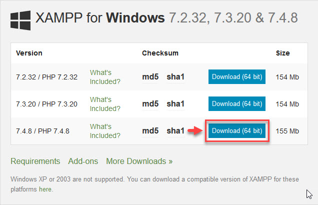 screenshot of XAMPP for windows download files