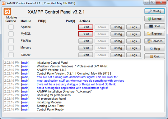 how to run xampp with administrator rights